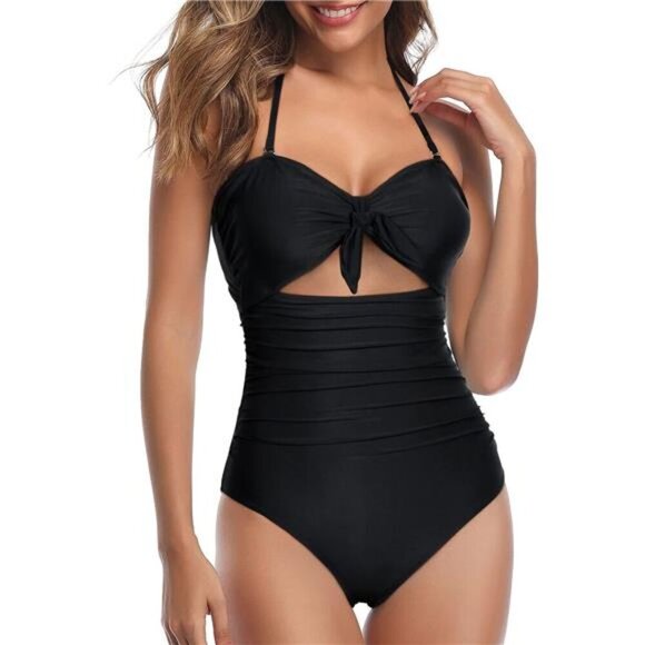 Sexy Cutout One Piece Swimsuit Tummy Control Halter Tie Knot Bathing Suit - Picture 1 of 6